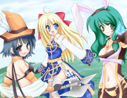 3girls ahoge animal_ears arch_bishop_(ragnarok_online) axe back bikini bikini_top_only blonde_hair blue_eyes blue_hair blush bow breasts brooch rabbit_ears center_opening cleavage day detached_sleeves dress feathers fire gloves grass green_eyes green_hair hair_bow hairband hat jewelry laughing long_hair looking_back magic mechanic_(ragnarok_online) medium_breasts multiple_girls navel necklace outdoors pointing ragnarok_online ribbon shawl short_hair signature sky smile swimsuit thighhighs warlock warlock_(ragnarok_online) weapon