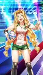 Rule 34 | 1girl, ball, bare shoulders, black boots, blonde hair, boots, breasts, chaldea logo, chin piercing, collarbone, colored eyelashes, commentary, curtained hair, elbow sleeve, fate/grand order, fate (series), fingernails, green eyes, green shorts, hair tie, headband, hiroe rei, holding, holding ball, jersey, knee pads, long hair, looking at viewer, low-tied long hair, low-tied sidelocks, medium breasts, multicolored nails, nail polish, official art, open mouth, orange headband, quetzalcoatl (fate), quetzalcoatl (festival outfit) (fate), shirt, short shorts, shorts, sidelocks, sleeveless, sleeveless shirt, smile, solo, sportswear, teeth, third-party source, upper teeth only, v, v-neck, very long hair, volleyball (object)