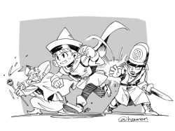 Rule 34 | 1girl, 2boys, alena (dq4), belt, brey, cape, clift, dragon quest, dragon quest iv, dress, gloves, greyscale, hat, hounori, long hair, magic, monochrome, multiple boys, pantyhose, running, short hair, skirt, sword, weapon