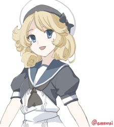 1girl black_jacket black_neckerchief blonde_hair blue_eyes blue_sailor_collar dress emuwai hat jacket janus_(kancolle) kantai_collection looking_at_viewer neckerchief one-hour_drawing_challenge parted_bangs sailor_collar sailor_dress sailor_hat short_hair short_sleeves simple_background smile solo twitter_username upper_body white_background white_dress white_hat