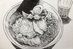 bowl crosshatching cup egg_(food) food food_focus greyscale hardboiled_egg hatching_(texture) highres ibsukionsen linear_hatching monochrome noodles nori_(seaweed) original pen_(medium) ramen traditional_media