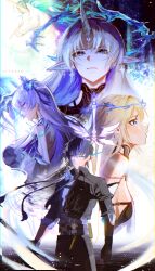 1boy 3girls absurdres aqua_eyes artist_name bare_shoulders black_hair black_jacket black_pants blonde_hair blue_eyes blue_flower breasts cantarella_(wuthering_waves) cartethyia_(wuthering_waves) closed_mouth commentary crown_of_thorns earrings english_commentary eye_trail fleurdelys_(wuthering_waves) flower grey_shirt hair_flower hair_ornament heterochromia highres horns imperator_(wuthering_waves) jacket jellyfish jewelry large_breasts light_trail long_hair looking_at_viewer male_rover_(wuthering_waves) multiple_girls open_mouth pants pointy_ears purple_hair rover_(wuthering_waves) rythron4 shirt single_horn sleeves_rolled_up tacet_mark_(wuthering_waves) unicorn white_shirt wuthering_waves yellow_eyes yellow_horns