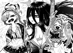 3girls =_= ahoge apron asymmetrical_legwear bare_legs black_eyes black_gloves black_hair black_wings blue_archive blue_eyes bolt_action braid breasts chibi choker cleavage closed_eyes collage commentary_request ear_piercing fang full_body gloves greyscale gun hair_between_eyes halo hanae_(blue_archive) hasumi_(blue_archive) ink_(medium) jacket jumping large_breasts limited_palette long_hair m1917_enfield maid maid_headdress mismatched_legwear mole mole_under_eye monochrome multiple_girls neru_(blue_archive) open_mouth piercing pill_hair_ornament pleated_skirt rifle school_uniform serafuku skin_fang skirt solo standing sukajan tag traditional_media twintails upper_body very_long_hair weapon white_background wings zyugoya