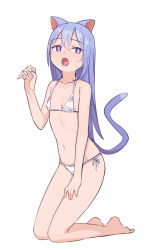 1girl animal_ears bare_arms bare_legs bare_shoulders barefoot bikini blush breasts cat_ears cat_girl cat_tail claw_pose full_body hair_between_eyes hand_up kneeling long_hair navel open_mouth original purple_eyes purple_hair saiste side-tie_bikini_bottom simple_background small_breasts solo sweat swimsuit tail tail_raised very_long_hair white_background white_bikini