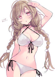 Rule 34 | 1girl, absurdres, arm behind back, arm up, bikini, blush, breasts, brown hair, cleavage, front-tie bikini top, front-tie top, highres, hizaka, kantai collection, long hair, looking at viewer, medium breasts, minegumo (kancolle), navel, open mouth, red eyes, side-tie bikini bottom, solo, swimsuit, twitter username