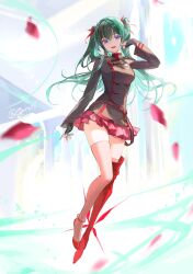 1girl abstract_background absurdres anklet armored_boots badge belt black_gloves black_order_uniform blue_background blue_sky boots brown_coat coat colorful_background cross d.gray-man falling_petals fingerless_gloves floating flying gloves green_hair green_stripes hair_between_eyes hair_ribbon hand_in_own_hair high_heels highres jewelry legs lenalee_lee long_hair long_sleeves looking_at_viewer mibe_(goforit_mibe) military military_uniform miniskirt open_mouth petals pillar pink_skirt pink_thighhighs pleated_skirt purple_eyes red_boots red_petals red_ribbon red_shoes red_stripes ribbon shoes sidelocks signature single_armored_boot single_boot single_shoe skirt sky smile solo striped_background striped_coat thighhighs thighs twitter_username two_side_up vertical-striped_coat white_background zettai_ryouiki