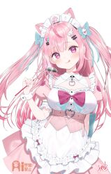 1girl :q above_cleavage_cutout adversarial_noise ahoge animal_ear_fluff animal_ears apron arm_behind_back artist_name back_bow belt black_choker blue_bow blush bow breasts buckle cat_choker cat_ears cat_girl choker cleavage clothing_cutout collared_shirt commentary dress fish_hair_ornament floating_hair frilled_apron frilled_sleeves frills hair_bow hair_ornament hairclip hand_up hashtag-only_commentary head_tilt heart heart-shaped_buckle heart_hair_ornament highres holding holding_ladle indie_virtual_youtuber ladle large_breasts licking_lips long_hair looking_at_viewer maid maid_apron maid_headdress o-ring o-ring_choker parallel_hairclips paw_print paw_print_pattern pink_belt pink_bow pink_dress pink_eyes pink_hair pleated_dress puffy_short_sleeves puffy_sleeves shirt short_sleeves sidelocks signature simple_background solo straight-on swept_bangs symbol-only_commentary tongue tongue_out two-tone_bow two_side_up underbust upper_body virtual_youtuber waist_apron watermark white_apron white_background white_wrist_cuffs wing_collar wing_hair_ornament wrist_cuffs yasuyuki yuuki_sakuna yuuki_sakuna_(1st_costume)