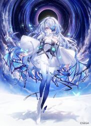 absurdres animal_print blue_butterfly blue_nails blue_pantyhose boots bug butterfly butterfly_print chunithm commentary_request copyright_notice detached_sleeves dress fingernails full_body gradient_pantyhose grey_hair hair_over_one_eye highres insect irene_curious long_fingernails long_hair long_sleeves looking_at_viewer official_art pantyhose purple_eyes sleeveless sleeveless_dress standing standing_on_one_leg strapless strapless_dress very_long_hair white_boots white_dress white_pantyhose white_sleeves wide_sleeves yoggi_(stretchmen)