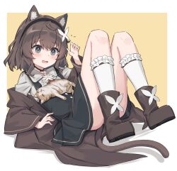 1girl :d animal_ear_fluff animal_ears baby_animal black_dress blush boots brown_boots brown_coat brown_hair cat cat_day cat_ears cat_girl cat_tail coat collared_shirt dress flying_sweatdrops full_body grey_eyes hand_up hashtag-only_commentary highres kitten knees_up kurioshi_fio_(satou_(3366_s)) lying nervous_smile on_back open_clothes open_coat open_mouth original pinafore_dress satou_(3366_s) shirt short_hair sleeveless sleeveless_dress smile socks solo tail white_shirt white_socks