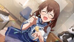 1girl brown_hair chair chinese_clothes closed_eyes earrings food game_cg glasses holding idolmaster idolmaster_million_live! idolmaster_million_live!_theater_days jewelry official_art open_mouth panda satake_minako sitting skirt solo spoon table