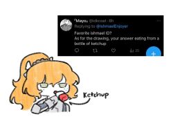 1girl armor bottle chibi freckles green_eyes high_ponytail holding holding_bottle ishmael_(project_moon) ketchup_bottle limbus_company long_hair orange_hair ponytail project_moon request_inset sidelocks simple_background solo very_long_hair white_background yongsa_(ishmaelenjoyer) you&#039;re_doing_it_wrong zwei_association_west_uniform