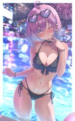 1girl ;q absent absurdres aerial_fireworks ahoge bikini black_bikini blue_hair bracelet breasts chokee cleavage commentary crescent crescent_earrings earrings fireworks frilled_bikini frills gradient_hair heart heart-shaped_eyewear highres himemori_luna hololive jewelry looking_at_viewer medium_breasts multicolored_hair one_eye_closed outdoors partially_submerged pink_hair purple_eyes short_hair solo swimsuit tongue tongue_out virtual_youtuber wet