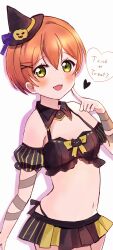 1girl :3 bandaged_arm bandages blush breasts commentary cowboy_shot detached_collar detached_sleeves fang finger_to_cheek green_eyes hair_ornament hairclip halloween hand_up hat heart highres hoshizora_rin looking_at_viewer love_live! love_live!_school_idol_project mini_hat navel open_mouth orange_hair pleated_skirt protected_link puffy_detached_sleeves puffy_sleeves short_hair simple_background skindentation skirt small_breasts smile solo symbol-only_commentary trick_or_treat tukiwa_poyo two-tone_skirt white_background witch_hat x_hair_ornament