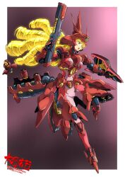 1girl armor beam_rifle blonde_hair blue_eyes boots breasts char&#039;s_counterattack energy_gun full_body funnels_(gundam) gun gundam headgear helmet highres holding holding_weapon long_hair mecha mecha_musume open_mouth personification robot sazabi science_fiction shield solo taiga_hiroyuki thrusters weapon