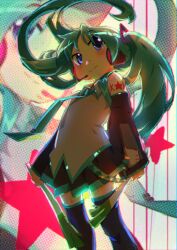 Rule 34 | absurdres, animal print, aqua hair, ben-day dots, blue eyes, cat print, cosplay, hatsune miku, hatsune miku (cosplay), headphones, highres, hiiragi kagami, long hair, lucky star, miniskirt, pleated skirt, puppet art, red star, screentones, shade, shoulder tattoo, skirt, smile, spring onion, standing, star (symbol), tattoo, twintails, zoom layer