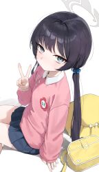 1girl absurdres auuufox bag black_hair blue_archive hat highres kindergarten_bag kindergarten_uniform kisaki_(blue_archive) kisaki_(kindergarten_uniform)_(blue_archive) long_hair looking_at_viewer school_hat sitting skirt solo twintails