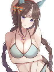 1girl arm_under_breasts beret bikini braid breasts brown_hair cleavage collarbone ear_covers hanma_amnah hat highres hokko_tarumae_(umamusume) horse_girl jewelry jitome large_breasts long_hair necklace pout pouty_lips purple_eyes simple_background solo swimsuit tracen_swimsuit twin_braids umamusume upper_body white_background