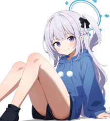 1girl ass black_shorts black_socks blue_archive blue_halo blue_hoodie blush braid closed_mouth grey_hair halo highres hood hood_down hoodie long_hair long_sleeves miyako_(blue_archive) mutsuse official_alternate_costume one_side_up purple_eyes shorts simple_background smile socks solo white_background