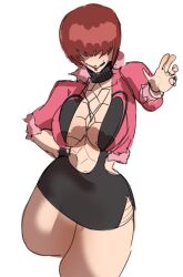Rule 34 | 1girl, breasts, cleavage cutout, clothing cutout, dress, female focus, gigi, highres, jacket, large breasts, long hair, pale skin, pivotkraner, red hair, shermie (kof), skirt, standing, the king of fighters, thick thighs, thighs