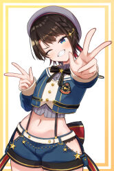 1girl beret blue_eyes blue_jacket blue_shorts blush brown_hair closed_mouth cropped_jacket double_v grey_hat grey_shirt hat highres hololive jacket lace lace-trimmed_panties lace_trim looking_at_viewer official_alternate_costume oozora_subaru oozora_subaru_(work) panties shirt shorts smile solo takotakochan_1006 underwear v virtual_youtuber