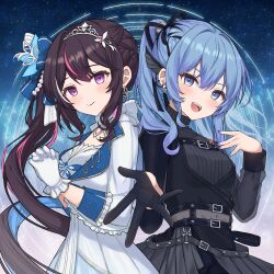 2girls :d asymmetrical_sleeves azki_(dress)_(hololive) azki_(hololive) back_bow beckoning behind_another belt_buckle black_gloves black_ribbon blue_bow blue_eyes blue_hair blue_nails blush bow braid breasts buckle closed_mouth colored_inner_hair commentary commission double-parted_bangs dress earrings fingernails frilled_gloves frills gloves grey_shirt grey_skirt hair_between_eyes hair_bow hair_ribbon half_gloves high_ponytail highres hololive hoshimachi_suisei hoshimachi_suisei_(shout_in_crisis) interlocked_fingers jewelry kohaku_(csacu) layered_clothes long_sleeves looking_at_viewer looking_to_the_side mismatched_sleeves multicolored_hair multiple_girls navel o-ring official_alternate_costume official_alternate_hairstyle open_mouth own_hands_clasped own_hands_together ponytail purple_eyes purple_hair ribbed_shirt ribbon ribbon_braid see-through_clothes see-through_midriff see-through_sleeves shirt side_ponytail single_glove skeb_commission skirt sleeve_cuffs small_breasts smile star_(sky) starry_sky_background streaked_hair teeth tiara turning_head turtleneck turtleneck_shirt upper_body upper_teeth_only virtual_youtuber white_bow white_dress white_gloves white_tiara