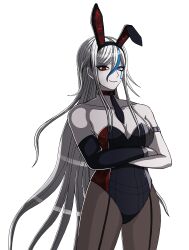 1girl absurdres animal_ear_hairband black_bodysuit black_pantyhose blue_hair bodysuit breasts cleavage closed_mouth collarbone crossed_arms detached_collar detached_sleeves eyelashes fake_animal_ears female_focus hair_between_eyes hairband heterochromia highres leotard long_hair looking_at_viewer middinos multicolored_bodysuit multicolored_hair necktie pantyhose playboy_bunny purple_eyes rabbit_ear_hairband rabbit_ears red_bodysuit red_eyes simple_background smile solo solo_focus the_hundred_line_-last_defense_academy- third-party_edit transparent_background v&#039;ehxness white_hair