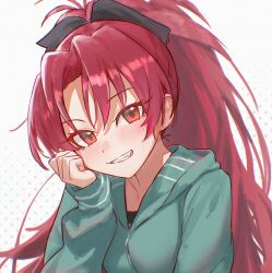 Rule 34 | 1girl, absurdres, black bow, black shirt, blue jacket, blush, bow, commentary request, hair between eyes, hair bow, hand up, head rest, highres, hood, hood down, hooded jacket, jacket, long hair, long sleeves, looking at viewer, mahou shoujo madoka magica, parted lips, polka dot, polka dot background, ponytail, red eyes, red hair, sakura kyoko, shirt, sidelocks, simple background, solo, uof, upper body, white background, zipper