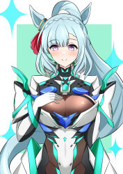 1girl absurdres alternate_costume animal_ears arn7 blue_hair blush bow breasts cleavage cosplay ear_ornament ear_ribbon gloves highres horse_ears horse_girl large_breasts light_blue_hair long_hair looking_at_viewer mejiro_ardan_(umamusume) pneuma_(xenoblade) pneuma_(xenoblade)_(cosplay) purple_eyes simple_background smile solo star_(symbol) umamusume white_gloves xenoblade_chronicles_(series) xenoblade_chronicles_2
