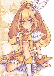 10s 1girl arm_support blonde_hair bow choker cure_peace eyelashes female_focus hair_flaps kise_yayoi long_hair magical_girl ponytail precure saltydanshark skirt smile_precure! solo wide_ponytail yellow_bow yellow_eyes yellow_skirt yellow_theme zoom_layer