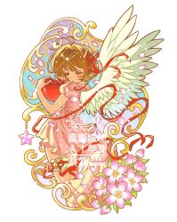1girl brown_hair cardcaptor_sakura cherry_blossoms closed_eyes dress frilled_thigh_strap hair_intakes hair_ribbon heart highres holding holding_heart kinomoto_sakura magical_girl pink_dress pink_petals prettysavage30 puffy_short_sleeves puffy_sleeves red_ribbon ribbon short_hair short_sleeves solo thigh_strap white_wings wings