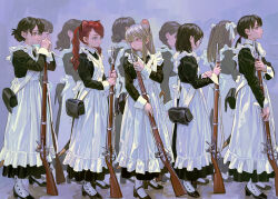 6+girls animal_ear_fluff animal_ears antique_firearm apron black_dress black_shoes blue_eyes brown_hair brown_shoes cat_ears commentary dress feifei_(fkey) feiqizi_(fkey) firearm firelock fkey flintlock from_side full_body grey_hair gun highres holding holding_gun holding_weapon juliet_sleeves long_sleeves looking_at_another looking_to_the_side maid maid_apron multiple_girls original pink_eyes platform_heels pouch puffy_sleeves red_hair shoes symbol-only_commentary twintails weapon white_apron