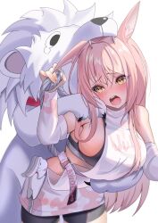 1girl :o absurdres animal animal_ear_fluff animal_ears bare_shoulders bike_shorts black_shorts black_sports_bra blush breasts detached_sleeves goddess_of_victory:_nikke hair_intakes highres large_breasts leaning_forward leona_(nikke) lion long_hair merry_051922 open_mouth pink_hair shirt shorts sideboob sideless_shirt sidelocks sports_bra tail timi_(nikke) turtleneck turtleneck_shirt white_shirt yellow_eyes