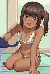 1girl 2025 bikini blue_eyes brown_hair dark-skinned_female dark_skin fang feet female_focus hai_ookami highres indoors legs loli midriff navel original ponytail side_ponytail sitting smile smug solo swimsuit tagme