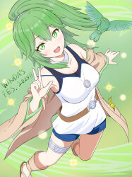 1girl :d bare_shoulders belt bird black_undershirt blue_shorts breasts brown_belt brown_coat cleavage coat collar collarbone commentary_request duel_monster green_background green_eyes green_hair hair_between_eyes hair_ornament highres jackson_(antt3478) jewelry large_breasts leg_warmers long_hair long_sleeves looking_at_viewer medallion necklace off_shoulder open_clothes open_coat open_mouth ponytail sandals shirt short_shorts shorts sidelocks sleeveless sleeveless_shirt smile solo_focus standing standing_on_one_leg stuffed_animal stuffed_rabbit stuffed_toy thighlet v white_shirt winda_(yu-gi-oh!) winda_priestess_of_gusto yu-gi-oh!