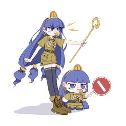 2girls ankle_boots ay606078 belt belt_buckle black_belt black_thighhighs blue_eyes blue_hair blue_nails blush_stickers boots brown_boots brown_shirt brown_shorts buckle buttons clenched_hand collared_shirt dual_persona earrings facial_tattoo fossilized_wonders fumo_(doll) gold_buckle hair_bobbles hair_ornament hashtag-only_commentary headpiece highres holding holding_scepter jewelry key key_earrings lightning_bolt_symbol long_hair looking_ahead low-tied_long_hair michigami_nareko multiple_girls no_entry_sign pocket road_sign scepter shadow shirt short_sleeves shorts sign simple_background standing tattoo thighhighs touhou v-shaped_eyebrows very_long_hair whistle white_background
