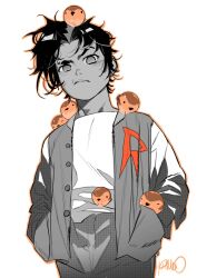 1boy artist_name aura batman_(series) black_hair child closed_mouth damian_wayne dc_comics glowing green_eyes green_lantern_(series) highres jacket looking_at_viewer male_focus open_clothes orange_lantern pants power_ring_(green_lantern) robin_(animal) robin_(bird) shirt short_hair signature simone_di_meo simple_background solo