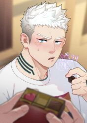 Rule 34 | 1boy, bara, blue eyes, blurry, blurry background, blush, body markings, box, box of chocolates, chocolate, f69g, food, gaius (live a hero), highres, holding, holding chocolate, holding food, light frown, live a hero, looking at viewer, male focus, parted lips, pov, pov hands, shirt, solo, spiked hair, sweatdrop, upper body, white hair, white shirt