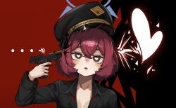 1girl absurdres alternate_hair_length alternate_hairstyle black_hat black_shirt blue_archive blush breasts cleavage gun hair_between_eyes handgun hat heart heart-shaped_pupils highres holding holding_gun holding_weapon holong5020 iroha_(blue_archive) looking_at_viewer open_mouth peaked_cap shirt short_hair sidelocks solo suicide symbol-shaped_pupils upper_body weapon