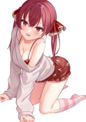 1girl all_fours bloomers blush bra breasts cleavage highres hololive houshou_marine open_mouth red_bloomers red_bra red_eyes red_hair shinomiya_ino shirt simple_background smile socks solo striped_clothes striped_socks teeth underwear upper_teeth_only virtual_youtuber white_background white_shirt
