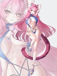 1girl absurdres animal_ears arm_up blue_one-piece_swimsuit blue_sandals blush breasts chattino_(raora_panthera) closed_mouth collarbone commentary english_commentary fang fingernails flower fueppu full_body glint grey_background groin hair_flower hair_intakes hair_ornament hand_on_own_thigh highres hololive hololive_english huge_breasts jewelry long_hair looking_at_viewer mixed-language_commentary multicolored_hair nail_polish navel necklace one-piece_swimsuit open_mouth panther_ears panther_girl panther_tail pink_hair pink_nails raora_panthera sandals smile stomach streaked_hair swimsuit tail teeth thighs upper_teeth_only virtual_youtuber white_flower yellow_eyes zoom_layer