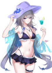 1girl absurdres bikini breasts brown_hair chaciooh cowboy_shot cup frilled_thigh_strap hat herta_(honkai:_star_rail) highres holding holding_cup honkai:_star_rail honkai_(series) long_hair looking_at_viewer medium_breasts navel purple_bikini purple_eyes purple_nails solo stomach sun_hat swimsuit the_herta_(honkai:_star_rail) thigh_strap thighs tropical_drink very_long_hair white_background