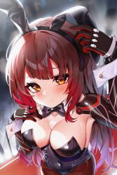 1girl android animal_ears blush bow bowtie breasts brown_hair bu_leike cleavage detached_collar fake_animal_ears gradient_hair hair_ornament highres hololive large_breasts leotard long_hair looking_at_viewer mechanical_arms multicolored_hair pantyhose playboy_bunny pouty_lips rabbit_ears red_hair roboco-san solo strapless strapless_leotard tears virtual_youtuber wrist_cuffs yellow_eyes