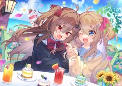 2girls absurdres ahoge black_cardigan blue_eyes blue_sailor_collar blue_sky bow bowtie broken_heart broken_heart_hair_ornament brown_hair cake cardigan chair commission day dress_shirt drink dutch_angle evil_neuro-sama falling_petals flower food from_side fruit hair_between_eyes hair_ornament hair_ribbon heart heart_hair_ornament highres holding holding_food kitsuneco long_hair long_sleeves multiple_girls neuro-sama off-shoulder_cardigan one_eye_closed open_mouth outdoors petals red_bow red_bowtie red_eyes red_ribbon ribbon sailor_collar second-party_source shirt siblings sisters sky strawberry sunflower table twins two_side_up upper_body v-neck vedal_ai virtual_youtuber wall_lamp white_shirt yellow_cardigan