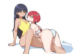 2girls ahchih amate_yuzuriha ass bikini blue_eyes blush closed_mouth commentary copyright_name dark-skinned_female dark_skin gundam gundam_gquuuuuux hair_in_another&#039;s_mouth highres long_hair multiple_girls nyaan_(gundam_gquuuuuux) official_alternate_costume one-piece_swimsuit purple_hair red_hair short_hair simple_background swimsuit white_background white_bikini yellow_eyes yellow_one-piece_swimsuit yuri