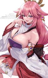 1girl absurdres animal_ears bare_shoulders between_breasts blush boobs_in_book_(meme) book breasts commentary_request covering_breasts covering_privates detached_sleeves earrings fingernails fox_ears gem genshin_impact hair_between_eyes highres holding holding_book jewelry large_breasts long_hair long_sleeves looking_at_viewer meme nail_polish nontraditional_miko open_mouth pink_hair pink_nails purple_eyes purple_gemstone shirt signature solo tassel very_long_hair white_background white_shirt yae_miko yayoi_maka