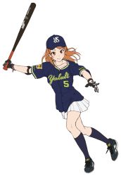1girl baseball_bat baseball_cap baseball_jersey black_footwear blue_shirt blue_socks bracelet earrings elbow_pads female_focus full_body gloves hat holding holding_baseball_bat houjou_karen idolmaster idolmaster_cinderella_girls jersey jewelry kneehighs long_hair necklace nigou nippon_professional_baseball orange_hair pleated_skirt shirt simple_background skirt smile socks solo swinging tokyo_yakult_swallows white_background white_skirt