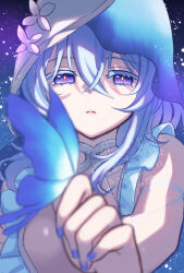 Rule 34 | 1girl, armlet, blue butterfly, blue hair, blue nails, blue veil, blurry, blurry foreground, bug, butterfly, closed mouth, colored eyelashes, commentary request, hair between eyes, highres, insect, jewelry, long hair, looking at viewer, nail polish, purple eyes, red pupils, shorekeeper (wuthering waves), solo, two-tone veil, uissu, upper body, veil, white veil, wuthering waves