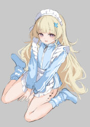 1girl alternate_costume apron blonde_hair blue_socks commentary_request enmaided flat_chest full_body grey_background hair_ornament highres kuramoto_beta-carotene long_hair looking_at_viewer maid maid_headdress no_shoes open_mouth phoebe_(wuthering_waves) purple_eyes simple_background sitting smile socks solo tacet_mark_(wuthering_waves) thighs track_suit very_long_hair waist_apron wariza wuthering_waves x_hair_ornament zipper