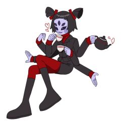 arthropod_girl black_footwear black_jacket cosplay crossover cup extra_arms extra_eyes helltaker holding holding_cup holding_kettle insect_girl jacket kettle modeus_(helltaker) modeus_(helltaker)_(cosplay) muffet pantyhose red_pantyhose red_sweater spider_girl sweater tokban undertale
