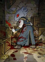 1boy alley back_alley baldur&#039;s_gate baldur&#039;s_gate_3 barrel blood blood_on_arm blood_on_clothes blue_robe brick_wall chibi chibi_only colored_skin crate dagger dismemberment dragon_boy dragon_horns dragonborn_(d&amp;d) dungeons_&amp;_dragons dungeons_&amp;_dragons furry furry_male glowing glowing_eye hammer highres holding holding_dagger holding_knife holding_limb holding_weapon horns knife looking_at_viewer magnifying_glass male_focus murder outdoors poster_(object) red_eyes robe rope sack severed_arm severed_limb shadow slit_pupils solo standing the_dark_urge_(baldur&#039;s_gate) weapon white_skin yy20251111